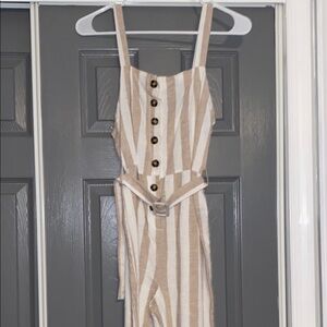 Toxik3 Jumpsuit/Romper Beige & White striped cotton linen with belt Size Small